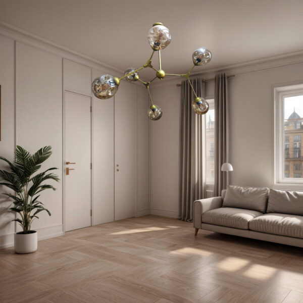 Nordic Gold Chandelier Molecular Structure Herringbone Branch Glass Bubble Shade Droplight Vintage Decoration Bedroom Chandelier - Image 6