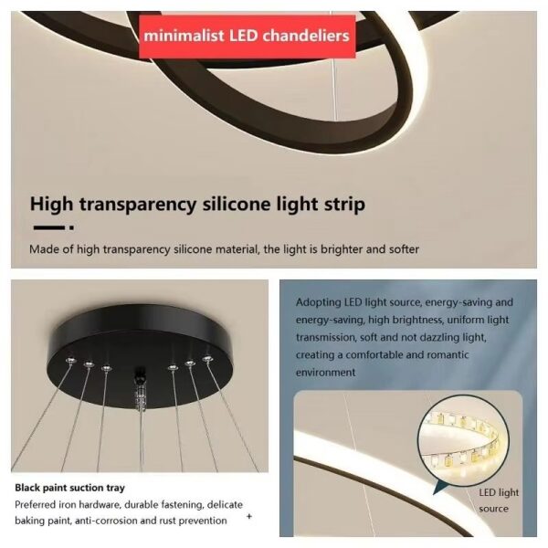 LED Ring Restaurant Chandelier Three Color Dimming Chandelier for Bedroom Living Room Eye Protection Chandelier - Image 4